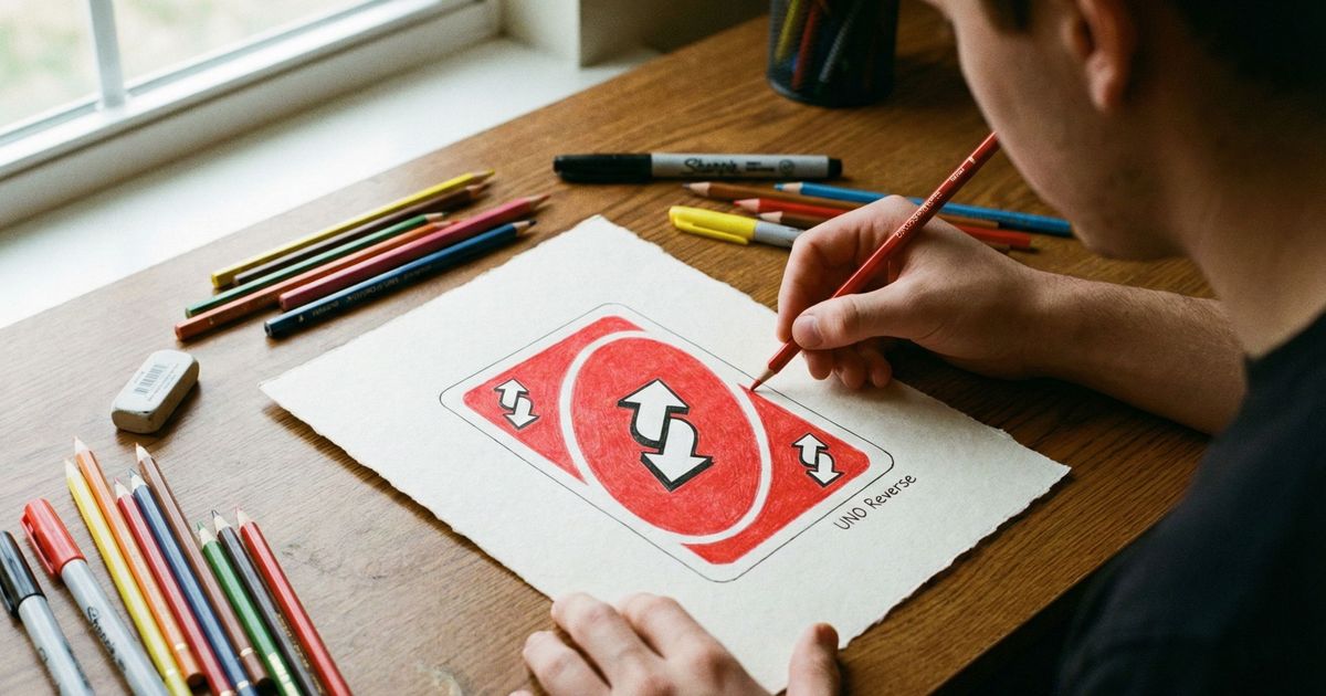 Käsi piirtää UNO Reverse -korttia värikynillä paperille