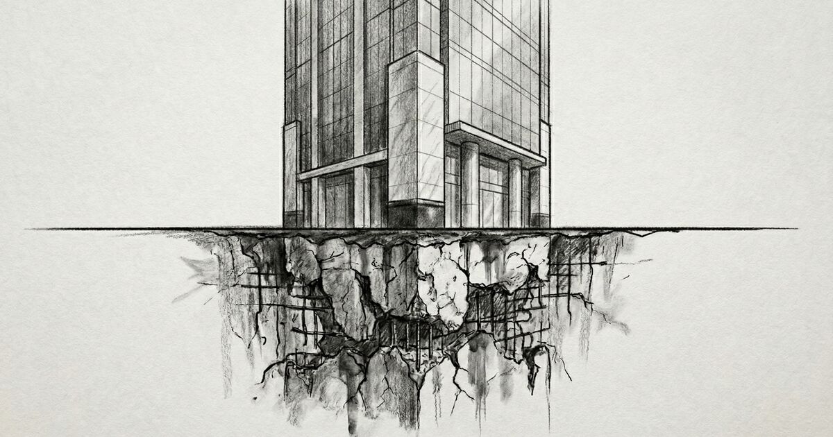 Rakennus vedenpinnan yläpuolella, rapautuva perustus pinnan alla – näkyvä julkisivu, näkymätön korjausvelka